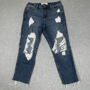 Hollister‎ Jeans Women's 29x27 Curvy High Rise Mom Distressed Raw Hem Blue Denim